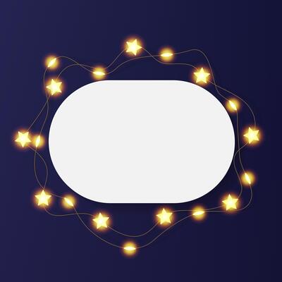 Horizontal oval picture frame, decorated with light bulb wreath string. White photo plate 3d rounded board, paper poster card on dark bg with festive star garland decor. Product podium top view