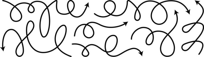 Dashed arrow, squiggly line set. Curved shape doodle brush element. Complex plan, map path pattern. 3d up down direction scribble dynamic curly marker. Looped black stroke twirl spiral handdrawn vector