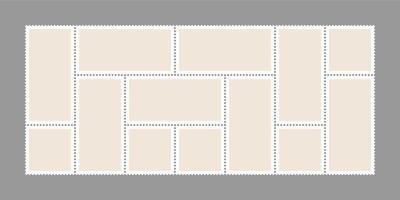 Post stamp set. Post card corner delivery mark. Perforated border and rectangular square shape label. Scrapbook travel sticker, Vintage mail envelope seal. Retro shipping package postage clipart vector