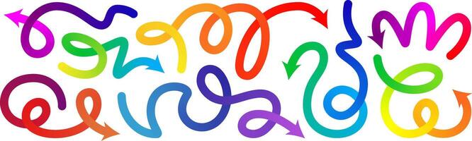 Line Gradient arrow set. Curved shape doodle icon element, gradation squiggly brush bg. Up and down direction scribble stroke carnival pattern. Change plan graphic sign, color circle curly bold vector