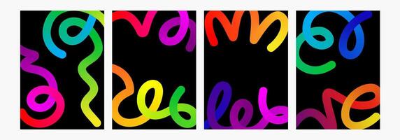 Creative bold gradient stripe poster. Curve vivid color wavy line set. Bright bent ribbon twisted decoration, abstract curved swirl path, fun wavy squiggle stroke frame. Twist carnival spiral ribbon vector