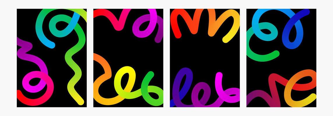 Creative bold gradient stripe poster. Curve vivid color wavy line set. Bright bent ribbon twisted decoration, abstract curved swirl path, fun wavy squiggle stroke frame. Twist carnival spiral ribbon