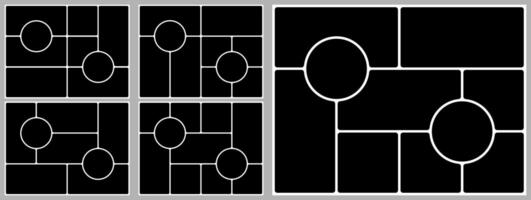 4 3 brutalist grid template. Photo layout bento box design. Collage mosaic shape post background. Slide moodboard brochure, montage poster abstract figure. Rectangular image gallery, circlular style vector