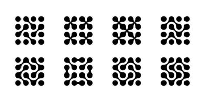 Atom dots connected, molecule structure pattern. Abstract circle shapes, collagen liquid drops. Medical tech metaball cells. Wavy merge fluid arrow, laboratory symbol. Dividing blob circuit cross vector