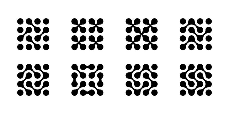 Atom dots connected, molecule structure pattern. Abstract circle shapes, collagen liquid drops. Medical tech metaball cells. Wavy merge fluid arrow, laboratory symbol. Dividing blob circuit cross