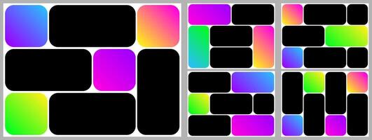 Brutalist bg bento box grid. Photo post template layout. Presentation slide moodboard design. Brochure collage rectangular style gallery. Round shape modular mosaic hierarchy. Comic poster y2k vector