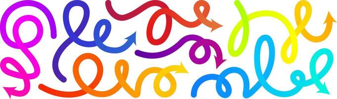 Arrow gradation, squiggly gradient lines. Curved carnival change icon. Rise pattern, doodle shape brush element. 3d dynamic multi colored curly loop spiral strokes. Abstract twirl bold paint vector