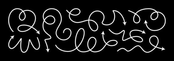 Squiggly arrow, dashed curved line arow set. Rise and fall change plan, doodle shaped pointer map element. 3d dynamic curly direction loop scribble. Abstract long spiral waving chart vector