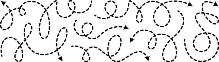 Dashed arrow, squiggly line. Curved shape doodle brush element. Complex plan, map path pattern. 3d up down direction scribble dynamic curly marker. Looped black stroke twirl spiral handdrawn vector