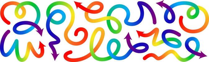 Abstract line shape, color gradient arrow. 3d curve wave pattern, happy birthday fluid confetti. Liquid paint spiral swirl squiggle path, dynamic stroke, fun kid trendy ribbon. Carnival celebrate flow vector