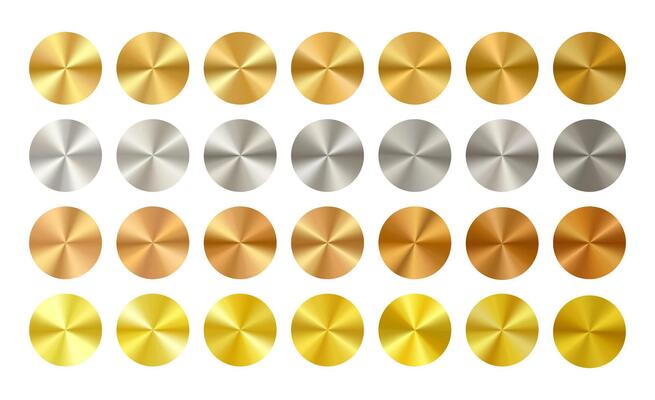 Gold silver bronze metal radial shield. Medal badge or circle coin. Disk button gradient surface effect. Circular round brushed foil clipart. Golden warranty diploma sticker. Stainless nickel plate