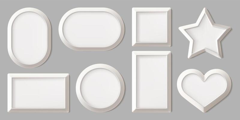 Photo frame set, White picture on beige wall, mock up. 3d isolated wooden modern poster layout template. Round rectangular, square star, heart ovals shapes of realistic shadow gallery decor