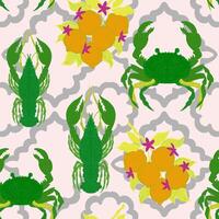 crab and citrus pattern on pink background vector