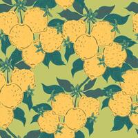 Seamless pattern with lemons and leaves on a branch in a hand-drawn line art style. Inspired by Mediterranean summer vibes, retro elegance and modern graphic aesthetics. vector