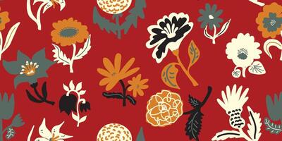 a red and orange floral pattern with leaves and flowers vector