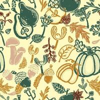 autumn seamless pattern with pumpkins, leaves and mushrooms vector