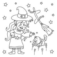 cute witch kid playing with magic cat in starry night. illustration for coloring book with little witch and halloween theme vector