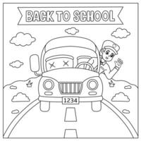 school bus and driver welcome back to school. illustration of children's coloring book with back to school theme vector