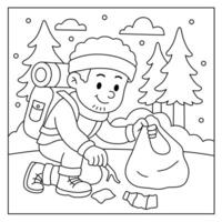 coloring pages of cartoon boys cleaning up trash from camping. Illustration of a coloring book about educating about maintaining environmental cleanliness vector