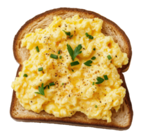 Scrambled eggs with herbs served on toasted bread slice isolated on transparent background png