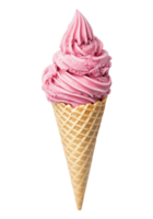 Swirled pink raspberry ice cream in waffle cone isolated on transparent background png