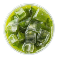 Refreshing cold matcha green tea with ice cubes in glass isolated on transparent background, top view png