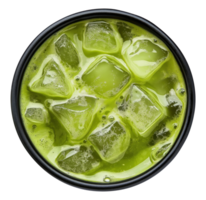 Cold matcha green tea with ice cubes in black cup isolated on transparent background, top view png