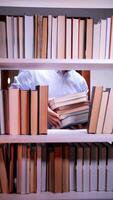 uma homem é em pé dentro frente do uma estante cheio do livros video