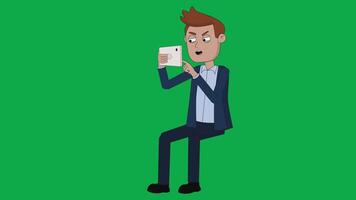 Businessman Sit Operating Playing USing his Phone Curious Seamless Loop Green Screen 2D Flat Style Animation video