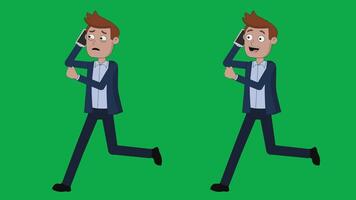 Businessman On Phone Running 2 Expression Worry and Happy Seamless Loop Flat design 2d animation green screen video