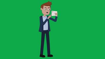 Businessman Stand Operating Playing USing his Phone Curious Seamless Loop Green Screen 2D Flat Style Animation video