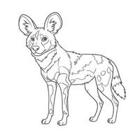 African Wild Dog-Lycaon pictus. An intricately drawn wild dog featuring detailed patterns across its body. The dog stands on a grassy terrain, highlighting its natural habitat and artistic design. vector