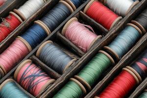 Many spools of thread are in a box photo