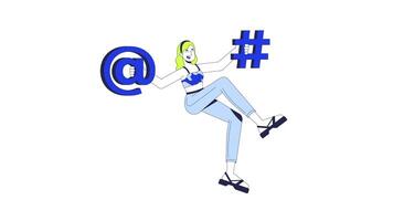 Happy learning programming 2D animation. IT school course. Coder girl. Social media. Woman holding at sign and hashtag animated character cartoon flat concept metaphor 4K isolated on white video