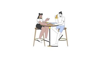 Gen z couple sharing pizza at outdoor table 2D characters animation. Multicultural friends laughing, eating pepperoni slices on date animated people cartoon 4K isolated on white transparent video