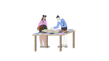 Girl student backpack and man pointing at book table discussing preferences 2D characters animation. Bookstore library attendees diverse animated people cartoon 4K isolated on white transparent video