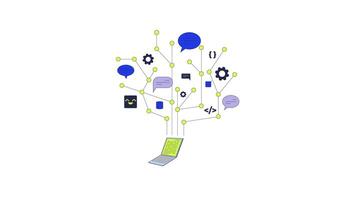 Laptop generating communication and coding tree structure 2D animation. Programming, web development, IT speech bubbles animated object cartoon flat concept metaphor 4K isolated on white video