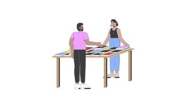 Two diverse people conversing at bookfair table 2D characters animation. Hindu woman at bookstore selling books to black man visitor animated people cartoon 4K isolated on white transparent video