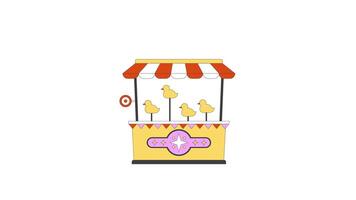 Duck shooting carnival game booth 2D cartoon object animation. Striped canopy retro amusement attraction. Funfair arcade targets bouncing stall animated flat colorful item 4K isolated on white video