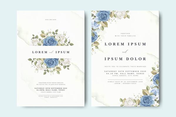 wedding invitation card with beautiful wreath blue roses flower partition