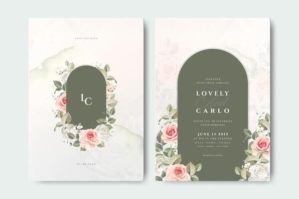 wedding invitation card with beautiful wreath roses flower decoration