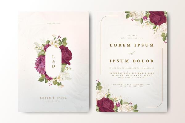 elegant wedding invitation set card with wreath burgundy roses flower and golden line