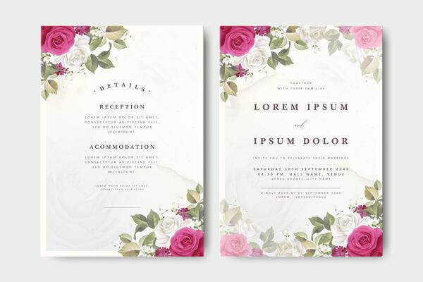 elegant wedding invitation card with pink roses flower decoration