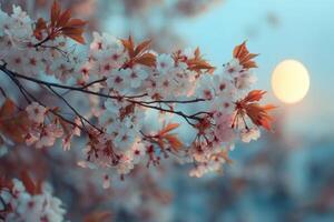 Delicate cherry blossoms reach out towards the warm hues of a setting sun, creating a peaceful atmosphere in a serene garden photo