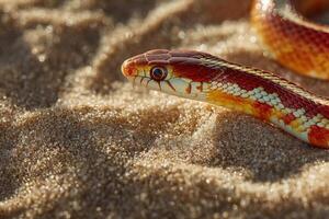 A striking snake explores sunlit sands, showcasing vibrant scales and blending beautifully with its arid surroundings photo