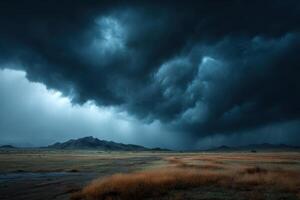 Dark storm clouds loom ominously over an expansive field, threatening rain as strong winds sweep through the area in the late afternoon photo