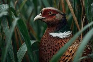 A majestic pheasant blends into the verdant foliage, showcasing its vibrant feathers while the calm water reflects the soft dawn photo