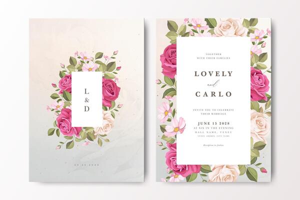 Wedding invitation card with beautiful roses flower frame template