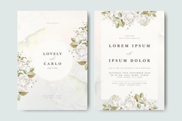 elegant wedding invitation card with white roses flower partition decoration
