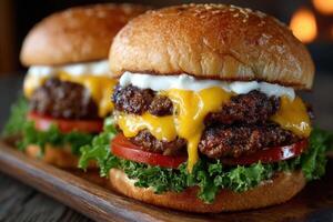 Juicy double cheeseburgers stacked with melted cheese, lettuce, tomatoes, and creamy sauce, served in a warm, inviting atmosphere photo